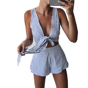 Sexy Two Piece Set Blue Striped Playsuits