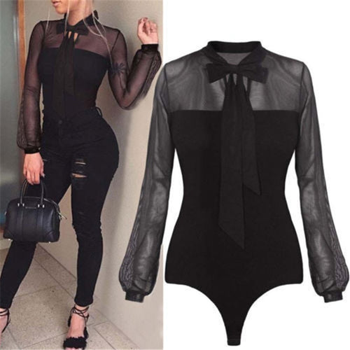 Bow Black Mock Neck Bodysuit Tops