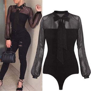 Bow Black Mock Neck Bodysuit Tops